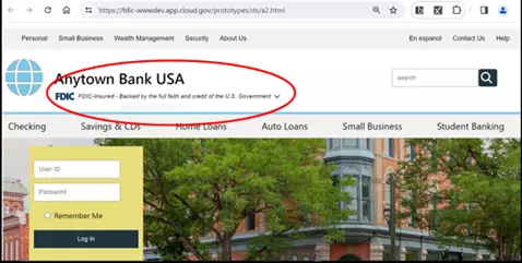 image of Anytown Bank USA Website with FDIC Digital Sign